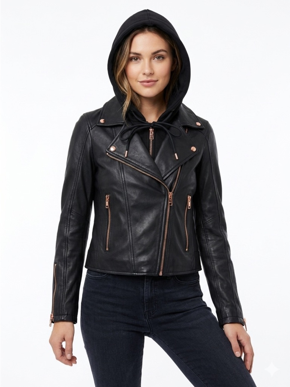 Blank NYC Black Vegan Leather Hooded Moto Jacket with Rose-Gold Hardware